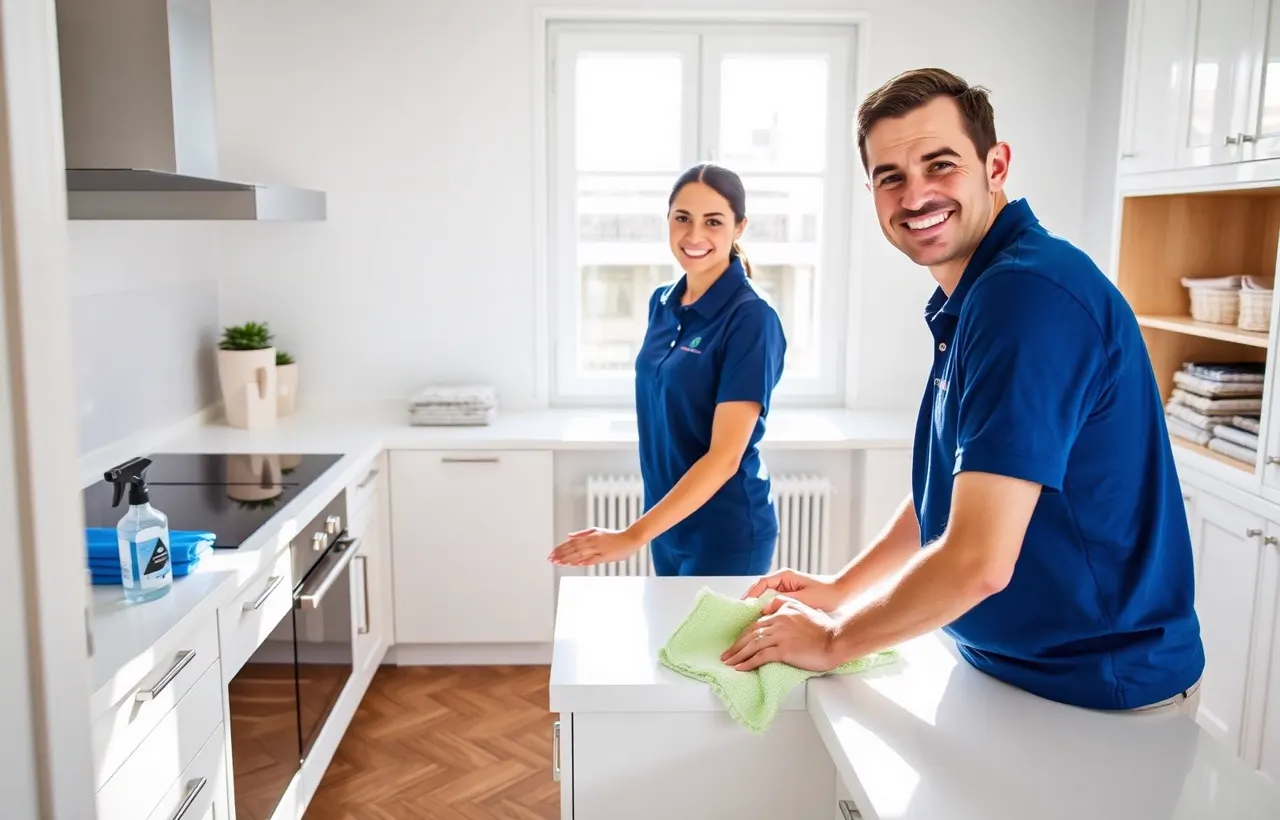 Agent de nettoyage Rapide Nettoyage Paris essuyant le plan de travail d'une cuisine parisienne après un ménage à domicile